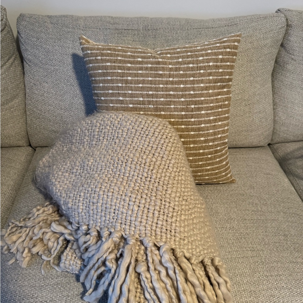 Pottery Barn Cream Knitted Throw and Coterie Down Throw Pillow